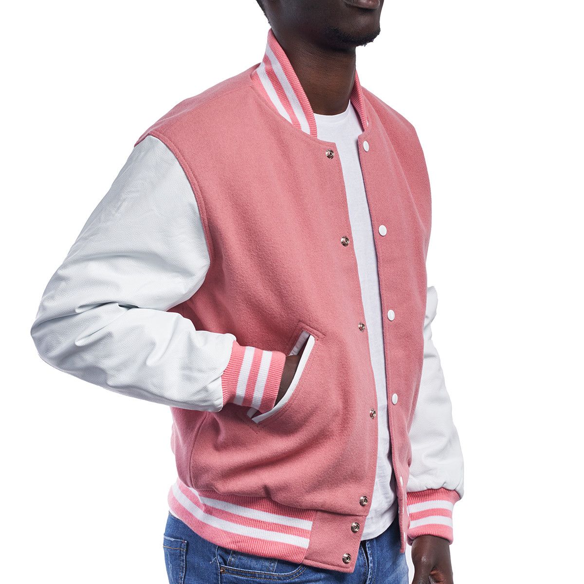 Pink Wool Body & Bright White Leather Sleeves Letterman Jacket