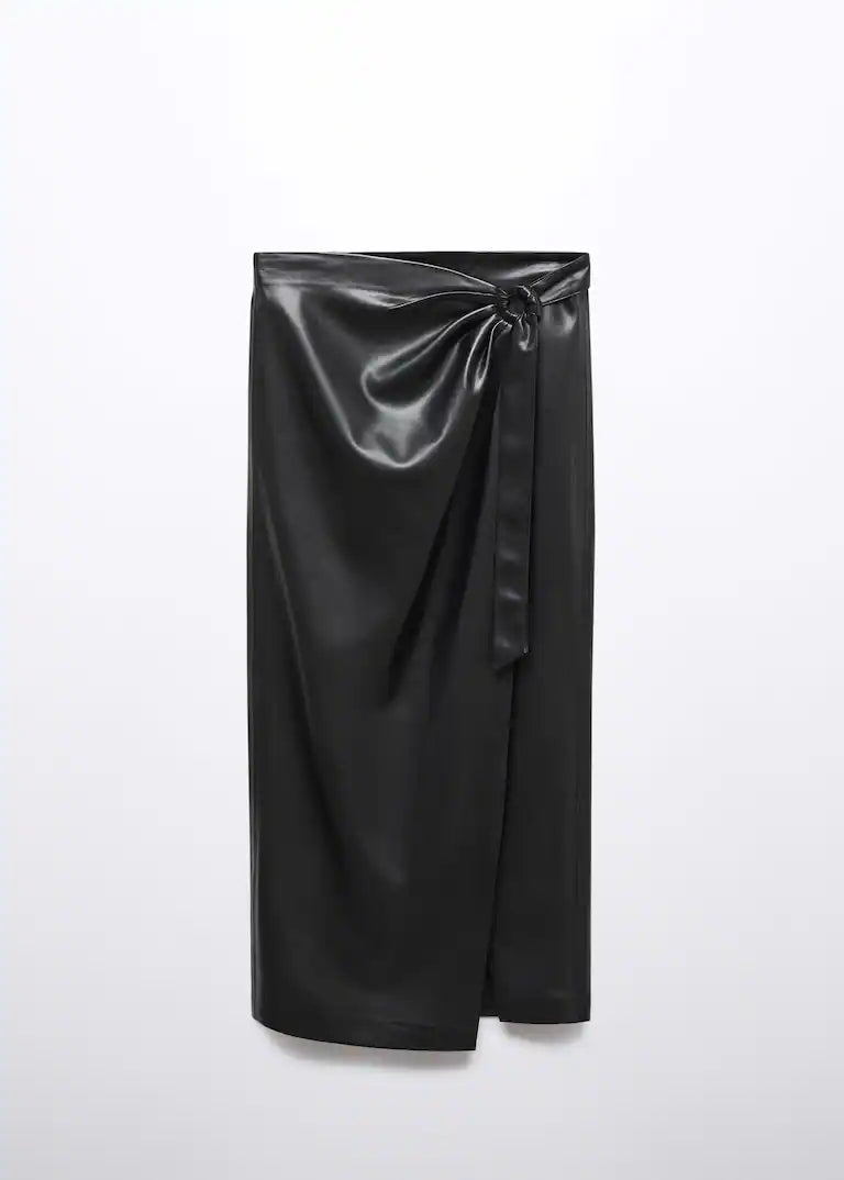 Women Ruffled Skirt - Draped Leather Effect Midi Skirt - MarryN