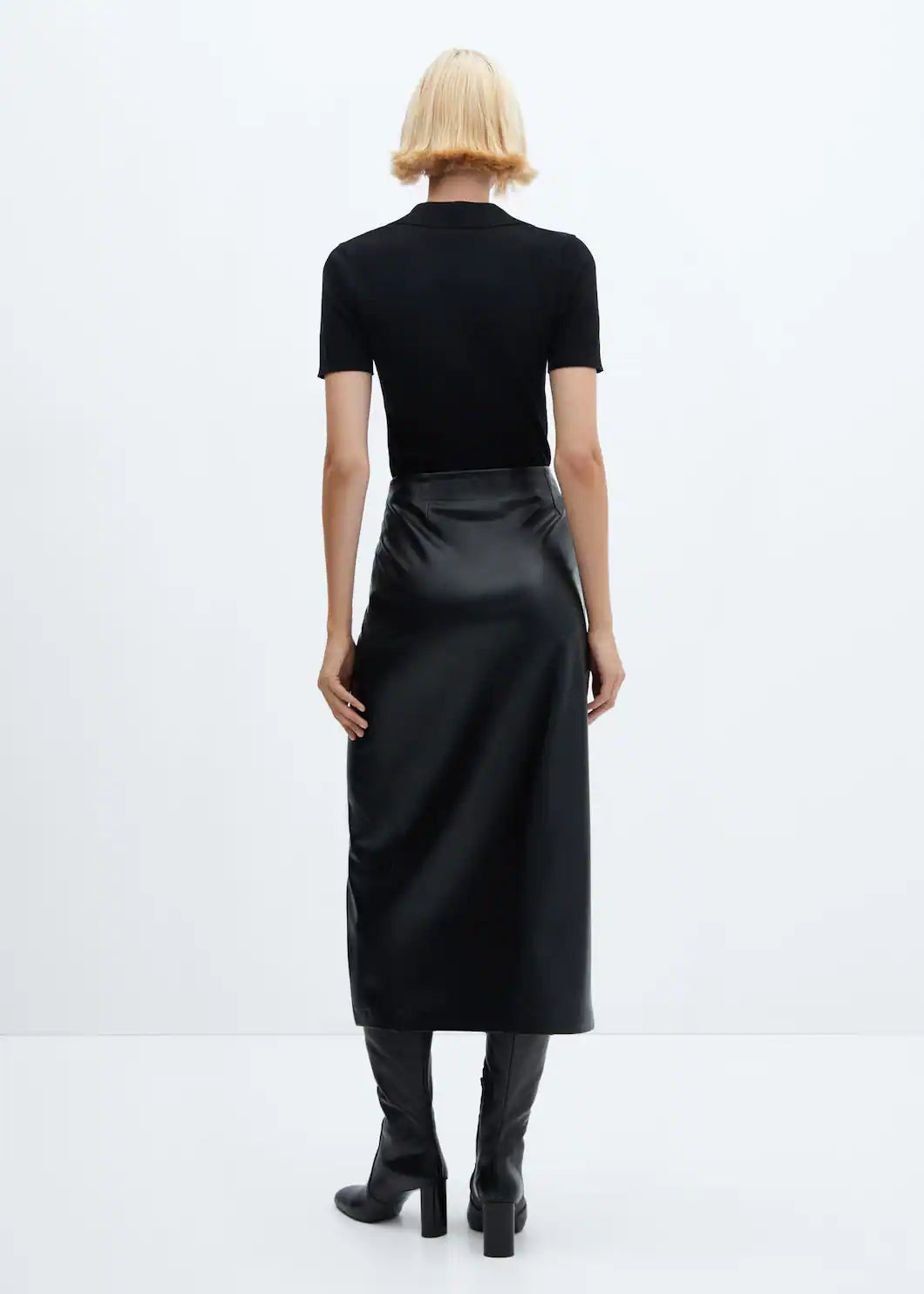 Women Ruffled Skirt - Draped Leather Effect Midi Skirt - MarryN