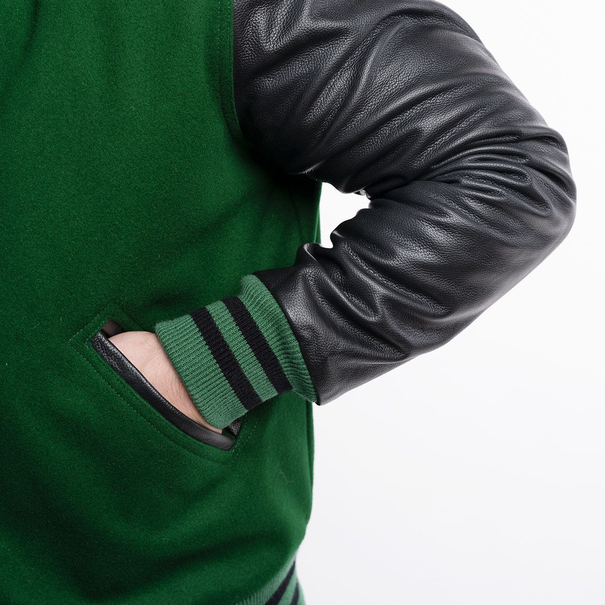 Green Wool Body & Black Leather Sleeves Letterman Jacket