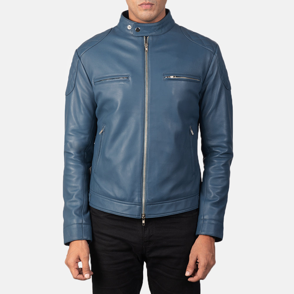 Blue Leather Jacket - Blue Leather Biker Jacket - MarryN