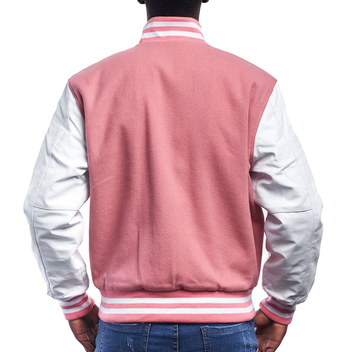 Pink Wool Body & Bright White Leather Sleeves Letterman Jacket